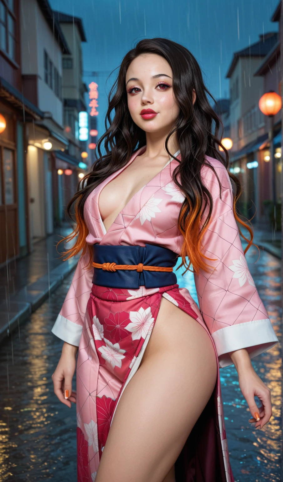1 sexy girl, blond hair girl, red hair girl, divinity, geisha style, great kimono, sexy kimono, rich kimono, purple kimono, green kilo o, grey kimono, divine kimono, sexy halters, dojo temple, beautiful landscape