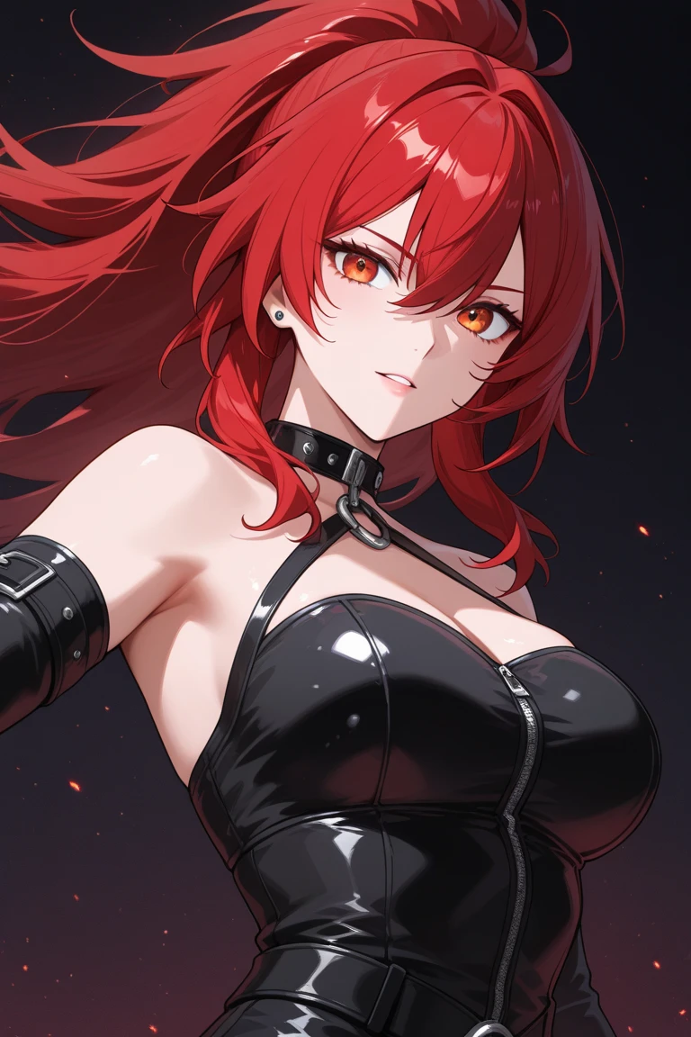 最high quality、best image quality、masterpiece、girl((20-year-old、 By becoming、vest bust、medium bust,wide open breast tea、shining eyes, glowing red hair、long hair、thin,highest valley、black and red suit、Wristband、black gloves、fight pose、inflammation from hands、sharp nails)),high quality、beautiful art、background((inflammation、volcano、magma、eruption、meteorite))、Flight、debris flies、Depth of written boundary、movie、visual art、perfect art、8K,genuine、