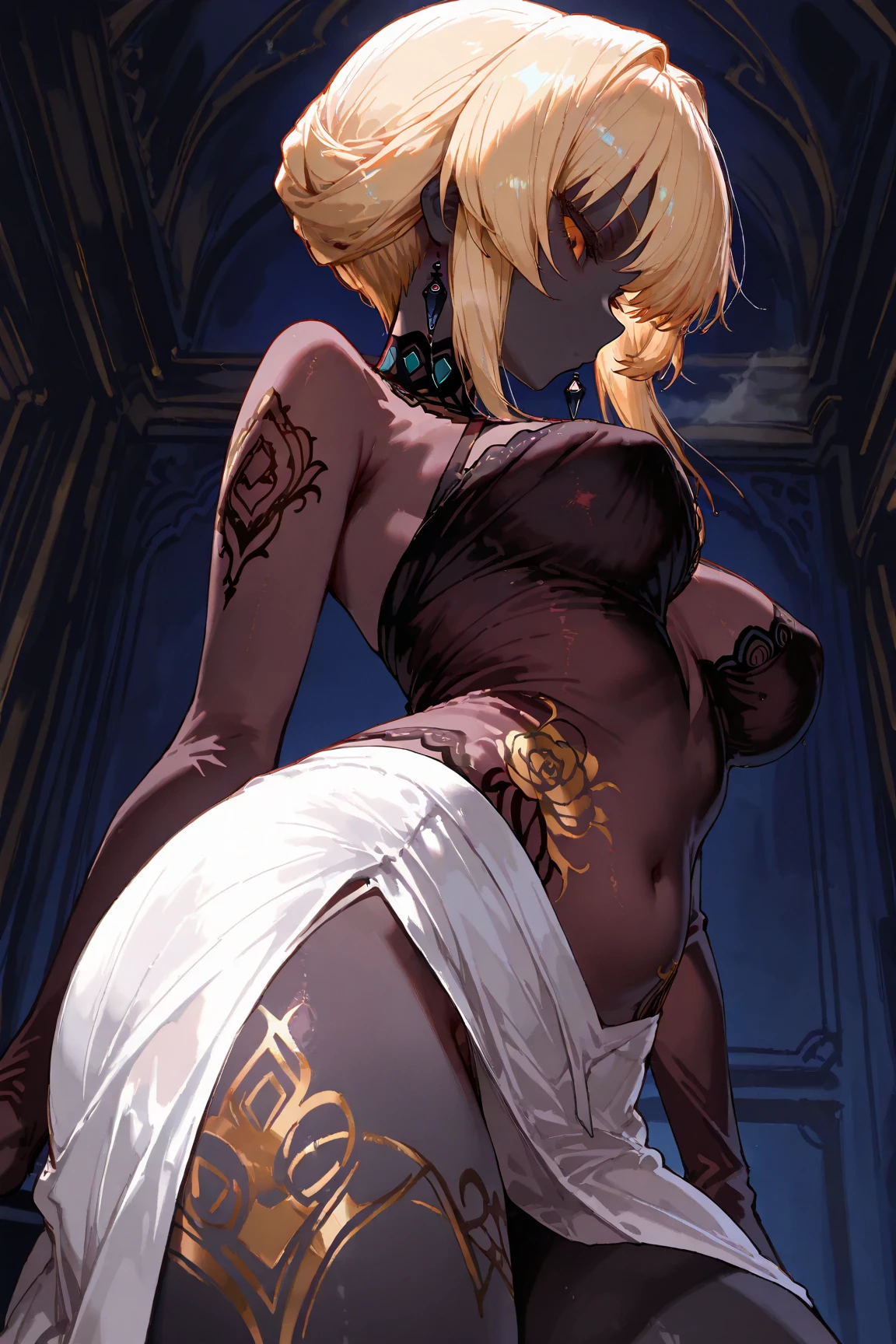 nsfw:1.5, Top quality, ultra high resolution, , (top quality, high resolution, 4K, detailed lighting, shaders, perfect anatomy, perfect proportions), eye of the beholder, (masterpiece, top quality) (top quality, 4K, 8K, high resolution, masterpiece: 1.2), highly detailed, (masterpiece: 1.3, top quality, ultra high resolution, ultra detailed), (top quality: 1.2), perfect eyes, perfect face, (top quality, 4K, 8K, high resolution, masterpiece: 1.2), highly detailed, (top quality, 4K, 8K, high resolution, masterpiece: 1.5), masterpiece, top quality, ultra detailed, top quality, high resolution, 32K CG, very delicate and beautiful, illustration, high resolution, sharp focus, 1 person, very beautiful and detailed anime face, very detailed eyes, ((masterpiece)), ((best quality)), (super detailed), ((cute)), cute, ((very detailed)), 4K, (8K), best quality, (best quality, 8K, 32k, masterpiece, super high resolution, very detailed, impressionistic:1.2), blurred background, (two arms) , (two legs), (four fingers and 1 thumb) , only one belly button, Bare shoulders.
(Beautiful woman). (Profile: 1.3). (Looking at you: 1.5). (Wedding dress: 1.3). (Bust shot: 1.4). (Belly dancer: 1.5). (Tiara: 1.4). (Aerial shot: 1.5). (Dance hall: 1.6). (Large crowd: 1.5). (Dancing with arms raised and hip swaying: 1.6). (Showcasing breasts and private parts: 1.5). (Beautiful face: 1.2). (Necklace with trimmed blonde hair: 1.5). (Shiny tanned blonde hair: 1.2). (Bridal updo: 1.3). (White choker: 1.5). (Necklace: 1.5). (Bracelet: 1.5). (Bangs swept to the side, showing forehead: 1.4). (Blue-green eyes). (Happy smile: 1.6). (Embarrassed: 1.2). (Completely naked: 1.6). (Dark skin: 1.5). (Perfect proportions: 1.6). (Small pink nipples: 1.3). (Breasts, nipples and genitals not covered: 1.7). (Full, beautiful breasts: 1.5). (Perky breasts). (Narrow waist). (Slender body). (Beautiful butt: 1.7). (Realistic facial expression: 1.4). (Realistic skin: 1.4).