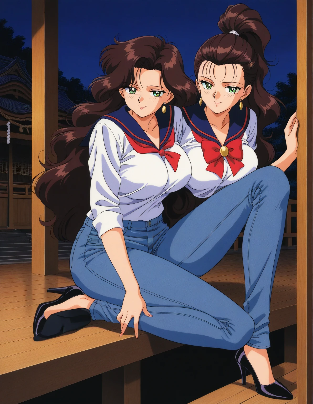 esper_mami, 1girls, masterpiece, highest quality, disorganized, retro artstyle, 1980s \(style\)))), look viewer, (((sailor uniform))), (hikaru hiyama), (((scoolgirl uniform))), knee shot, full blush, (((white Panties))),, Take a look here, view audience, short hair, 2girls, nsfw, Genitals are visible, (((See here))), (Japanese girl showing off panties:1.1), look viewer, from below, (((a girl, Flying in the air in a sailor uniform, from the knees up, overlooking the cityscape below,))),