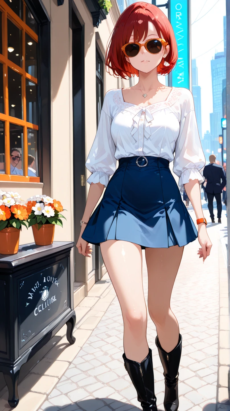 realistic anime illustration of pretty young woman is posing at garden, carrying colorful striped cotton bag, she has brown shoulder length bob cut, wearing red tanktop, prussian-blue denim pencil micro skirt, pink sandals, silver wristwatch (1girl, solo, full body), (masterpiece, best quality, japanese anime style), (expressive eyes, perfect face)
