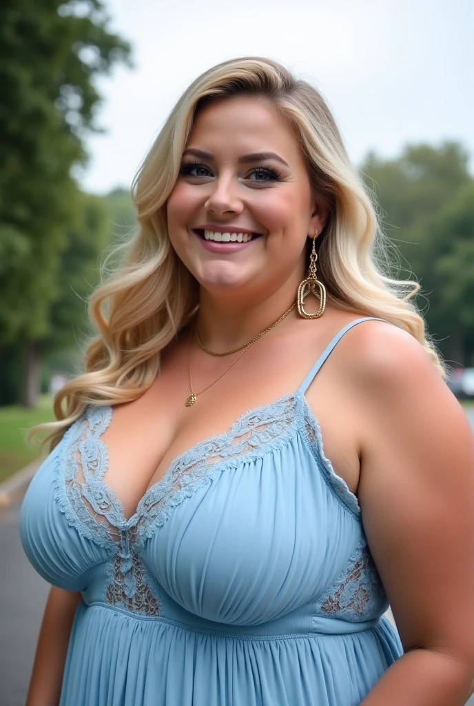 Chubby woman, 40 years old white Caucasian woman walking outside, night time, Mississippi, Gulfport, summer night, long straight blonde hair, cleavage, fancy dressed, make-up, lipstick, big hips, thick thighs, casual clothed, natural saggy breasts, Full Body Shot, From Above View, High Angle View, selfie, smile, close up selfie point of view,