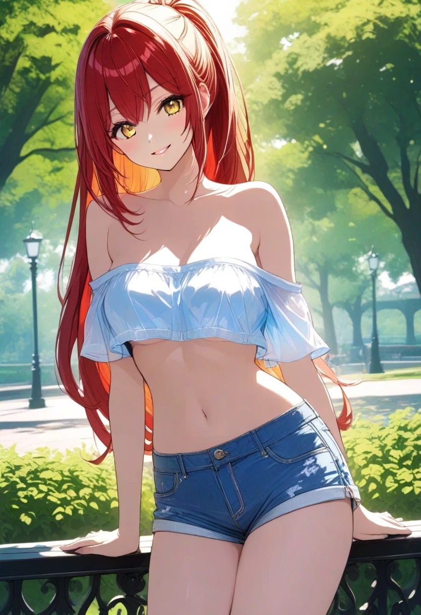 1girl, natural lighting, masterpiece, highly detailed, illustration, game CG, absurdres, high quality, beautiful detailed eyes, glossy lips, natural lighting, medium breasts, redhead, bangs, green eyes, freckles, sitting, bench, tank top, cleavage, short shorts, light smile