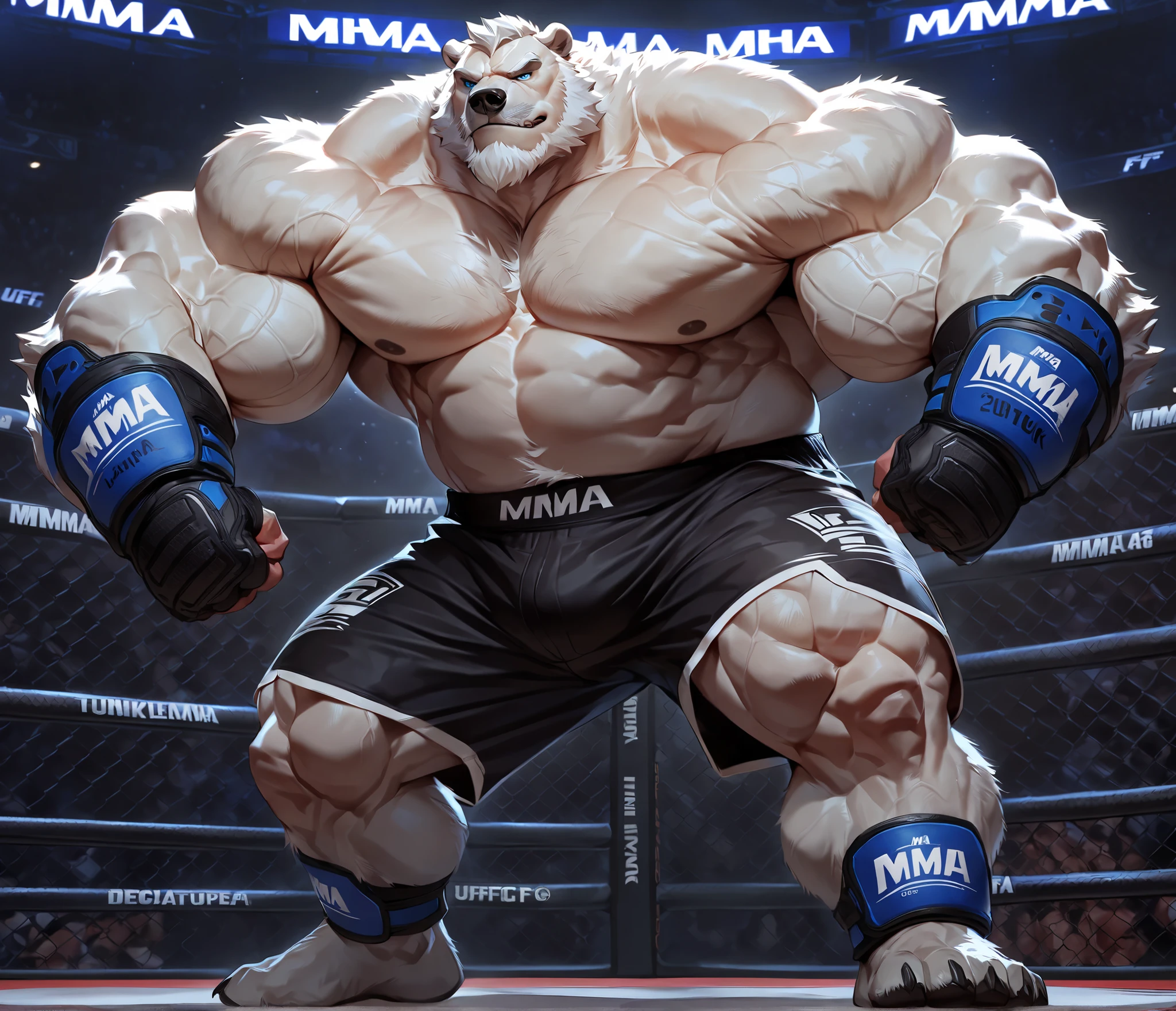 huge muscular polar bear in MMA UFC Fighting Championship Tournament Arena, big hulking brute, grunting smirk, polar bear, huge white fur, thick arm, huge arm, added bushy gray mustache and beard, short white hair, (veiny muscular, broad pectoral, wide pectoral, thick neck, thick arms), fighting caged ring, lights, realistic, 8k, masterpiece, gray eyebrows added, deatiled eyes with blue pupils, (wearing black MMA shorts with blue lines slits, MMA gloves with blue knuckle pads, shirtless, topless, ankle support brace), poses