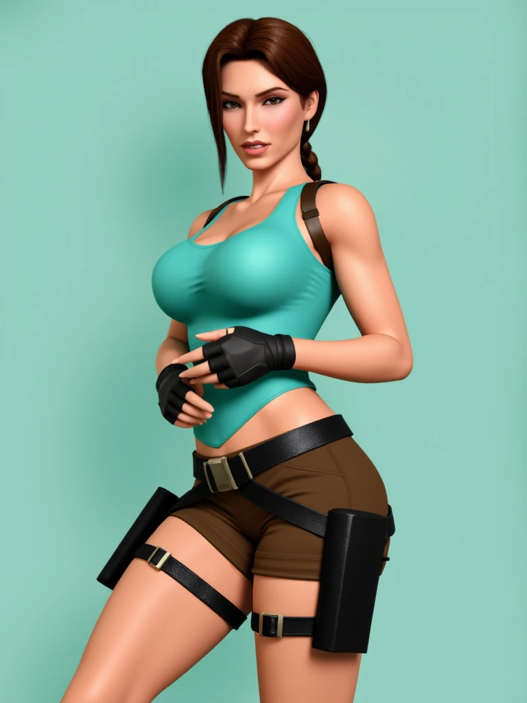 A highly detailed and stylized digital illustration of the athletic and beautiful adventurer Lara Croft sporting a sensual pose, wearing a teal crop top, brown tactical shorts, two black holsters, black fingerless gloves and a black utility belt, long brown braided hair, light teal pastel neutral background, upper body composition.