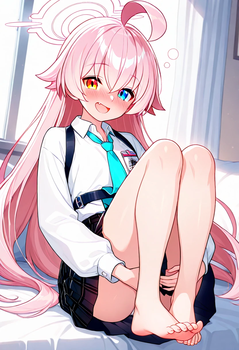 hoshino-default, hoshino \(blue archive\), heterochromia, long hair, pink hair, ahoge, halo,, white shirt, plaid skirt, necktie, sneakers, id card,terasu mc, NSFW, One girl,Handjob,Sweat, vapor, witness, Browsing Caution, gang rape, 2Men, in hotel, bed, UHD, masterpiece, textured skin, high details, best quality, highres, anatomically correct,enraptured smile,Sensual eyes,flirty expression