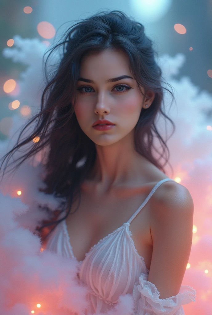 a mature 40s female teacher, beautiful detailed eyes, beautiful detailed lips, extremely detailed face and skin, long hair flowing down shoulders, teasing smile, satin panties, looking back coyly, (best quality,4k,8k,highres,masterpiece:1.2),ultra-detailed,(realistic,photorealistic,photo-realistic:1.37),beautiful lighting,dreamy atmosphere,cinematic,high quality portrait,elegant,sensual,provocative a snowy winter landscape in siberia, snow covered pines, frozen lake, beautiful detailed sky, dramatic lighting, highly detailed, (best quality,4k,8k,highres,masterpiece:1.2),ultra-detailed,(realistic,photorealistic,photo-realistic:1.37),stunning scenery, soft lighting, atmospheric, cinematic composition, muted color palette, cold tones
