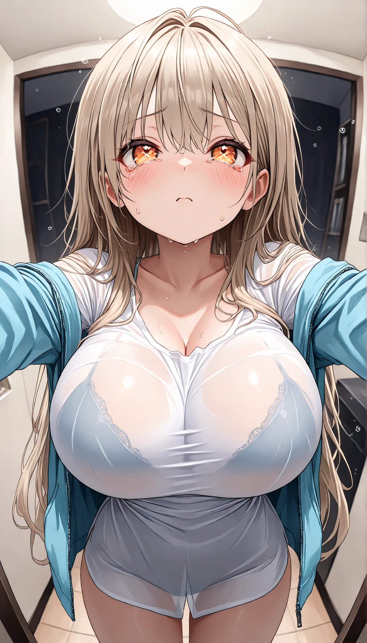 masterpiece, ultra detailed, cute girl, large breast, teary eyes, looking up, ニットの服, 監禁