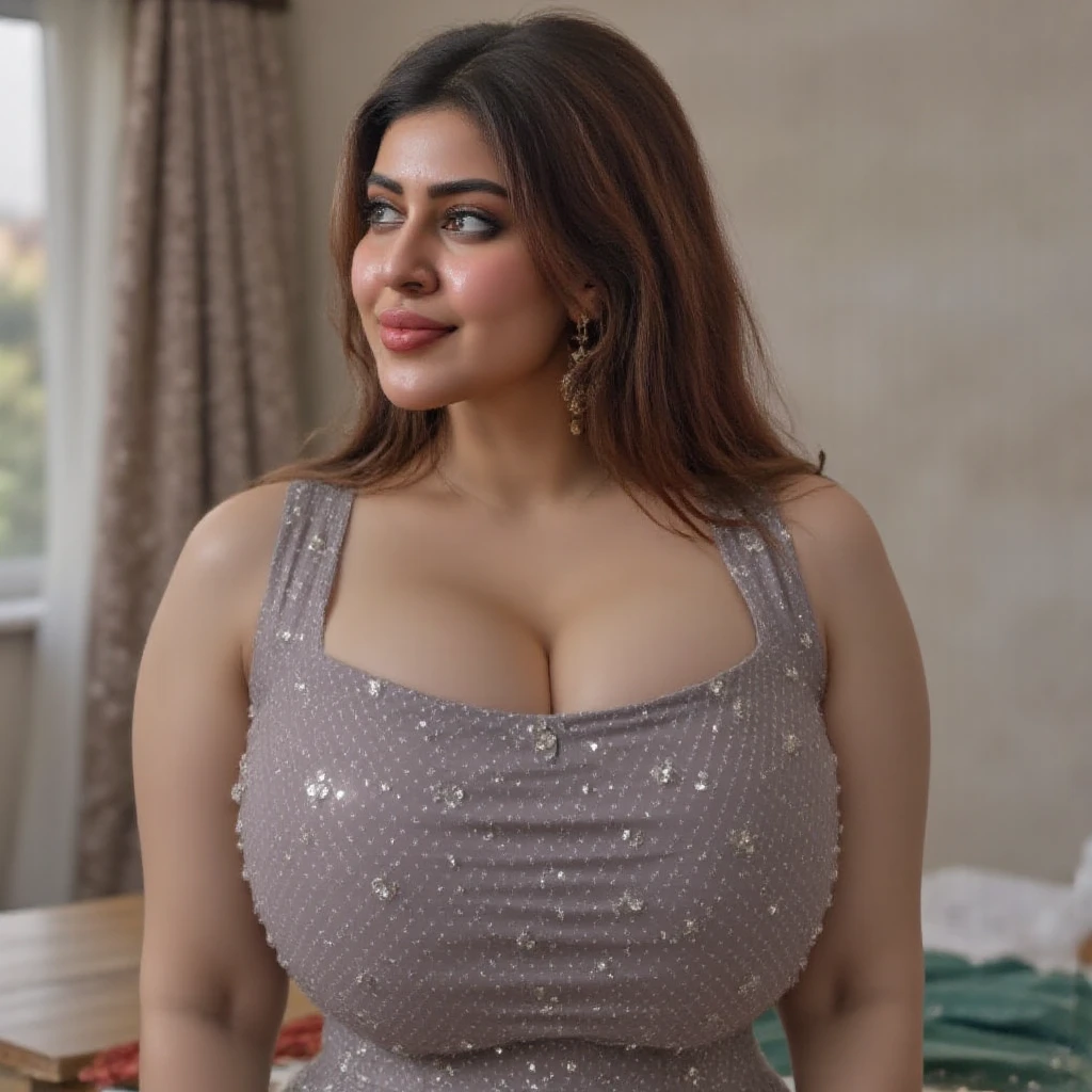 a tall very busty beautiful israeli women 40 year old, very toned , realistic, natural light, plus size figure, curvy, big breasts, thick, wearing purple kurta, cleavage, soft jiggly breasts, hyper realistic skin, light freckles on skin, in her home