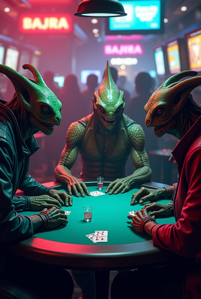 A casino from Star Wars, there are blackjack and poker tables, many different kinds of creatures ans monsters, there is alcohol and cigarettes, Not so bright, good atmosphere, ultrarealistic, detailed