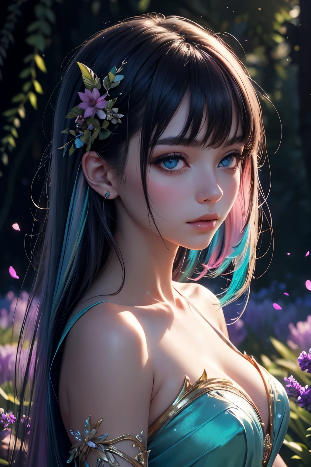 A delicate and charming anime girl, her features exude innocence and grace with a finely detailed face: large turquoise blue eyes shining with unshed tears, flawless porcelain skin except for a teardrop-shaped crystal resting beneath one eye. The image, a digital painting, shows intricate details from the colorful hair to the delicate lace of her dress. This stunning representation captures the essence of ethereal beauty, evoking a sense of otherworldly elegance and nostalgic melancholy. High-quality photography in HD, 8K, UHD, HDR, DSLR, gigapixel, and unprocessed, detailed and realistic, with an elaborate background. Conceptual ideas, post-processing, centered and perfectionist elegant image, natural photography, Nukon D750, 35mm.