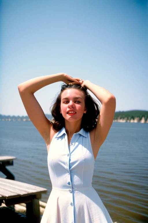 a smiling young [hawaiian|black] woman, swimming in blue water, wearing a bikini, looking up at the sky, (eyes and pupils:1.2), with a volcano (exploding fire:1.1) in the background, in the 1950s, tchnclr style