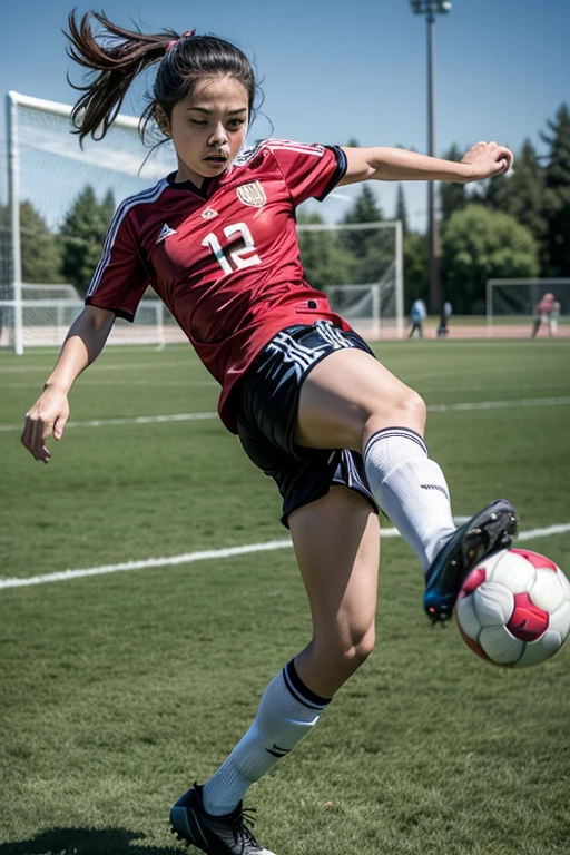 full body,photo of a 18 year old girl,kicking a soccer,happy,ray tracing,detail shadow,shot on Fujifilm X-T4,85mm f1.2,sharp focus,depth of field,blurry background,bokeh,motion blur,<lora:add_detail:1>,
