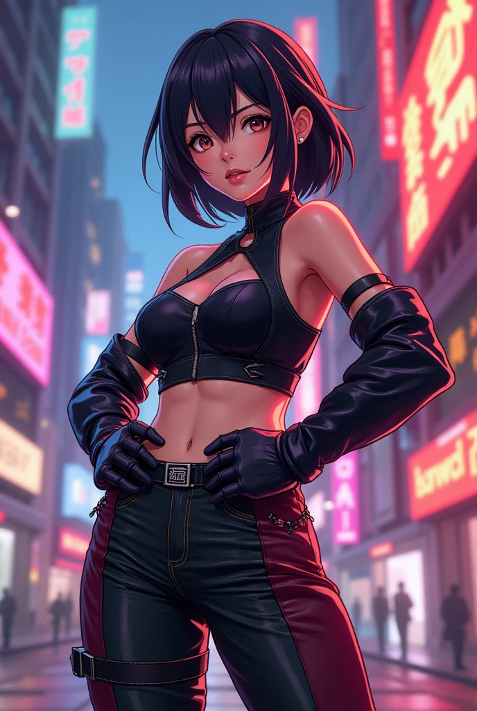 Mobile Game Striker Blood Strike, Ran de Blood Strike, Ectomorph Girl, combat gloves, easy Asian features, Blue open vest with Japanese lettering, Bare abdomen, very tight combat pants.