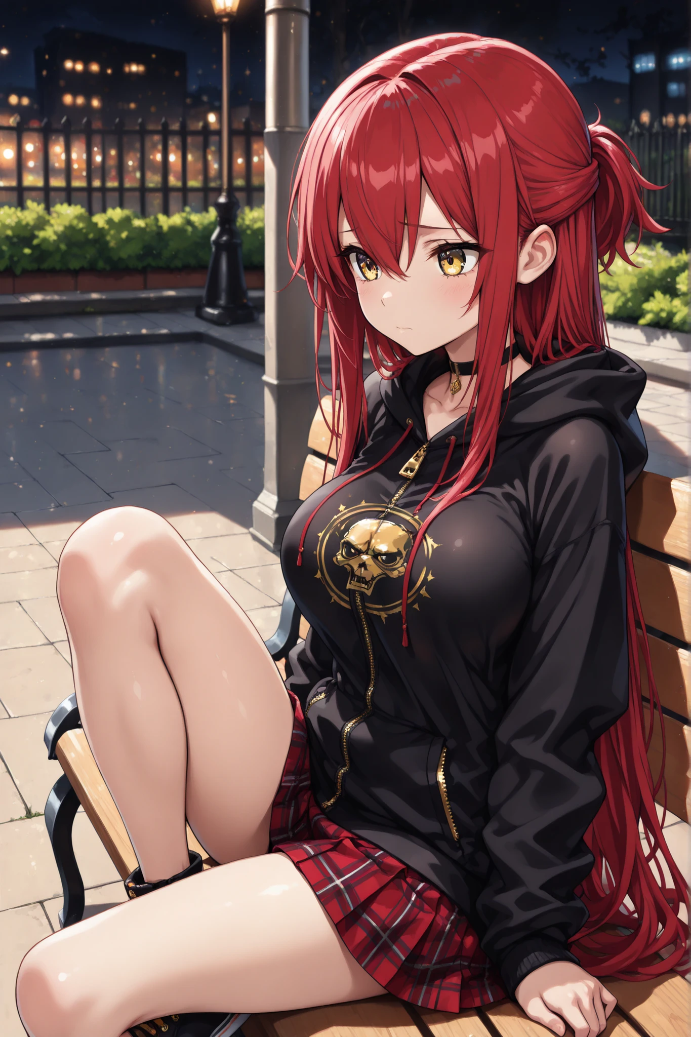1 girl , golden eyes , very long hair , long sidelocks, red hair ,half updo, petite , very cute , beautiful ,Straight hair, cool, handsome, hair between eyes, sexy, large breasts , print hoodie, black hoodie, hood down, black choker, zipper, long sleeves, black sleeves, pleated skirt, red skirt, plaid skirt, miniskirt, sitting, on bench, legs pulled up to the body, thoughtful, sad, pavement, tile floor, fence, outdoors, night, (intricate details:1.2), (masterpiece:1.2), (best quality:1.2), (very aesthetic:1.2), (absurdres:1.2), (detailed background), ray tracing, vibrant colors, depth of field, cinematic lighting, sharp focus, action shot, (Extremely Detailed 16K CG)