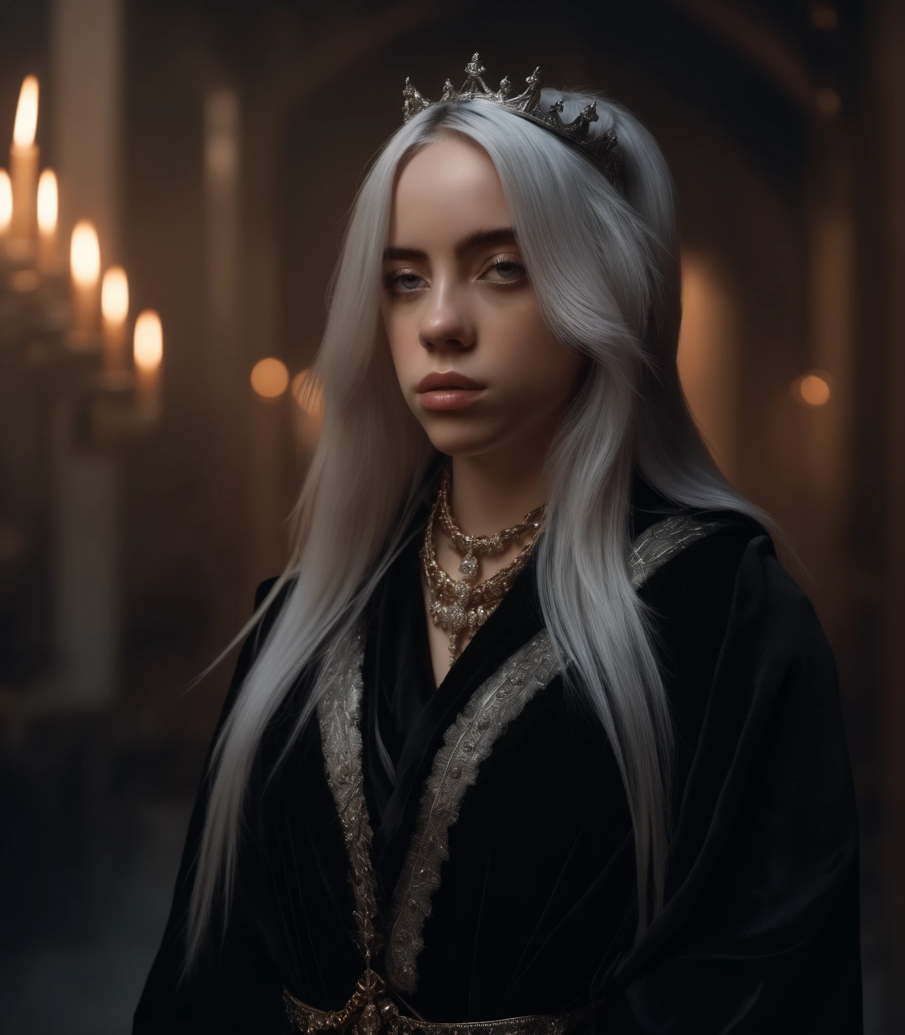 BillieEilish,female, realistic photo, 8k image), high quality picture. Dark fantasy lightling, medievel city, black royal robe, small crown, silver hair, standing