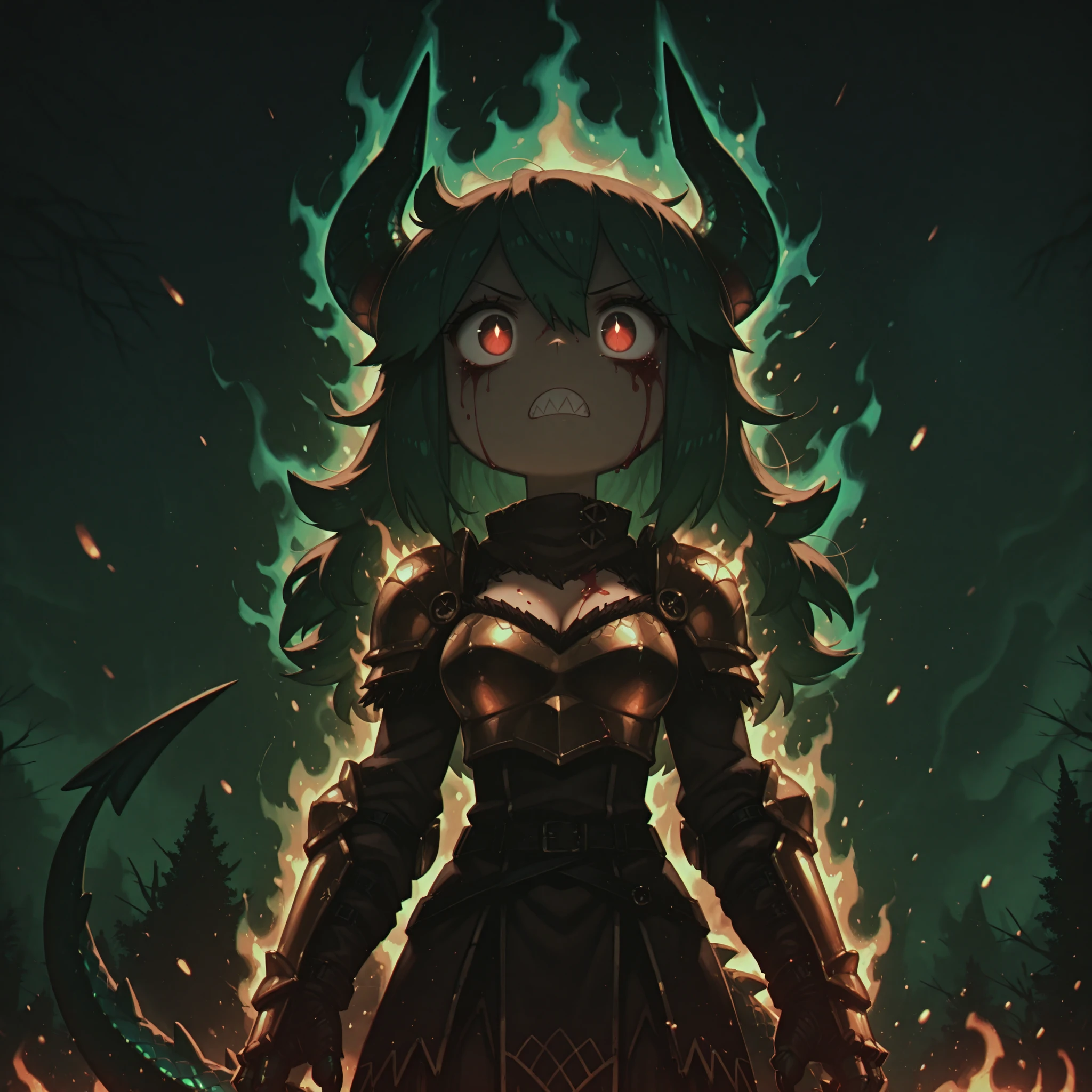 masterpiece, best quality, amazing quality, Anime Screencap. BREAK. 1girl, monster_girl, demon_girl, green_hair, long_hair, messy_hair, horns, curved_horns, yellow_horns, tail, spiked_tail, scales, green_scales, feathers, brown_feathers, glowing_eyes, red_eyes, blood, blood_on_face, blood_on_body, sharp_teeth, feral, claws, glowing, eerie, dark_background, green_background, fire, sparks, night, standing, upper_body, detailed_background, glowing_aura, tattered_clothes, revealing_clothes, armored_clothes, gold_armor, shoulder_armor, asymmetrical_design, wild_expression, intense_gaze, dark_theme, fantasy, horror, anime_style, digital_art, vibrant_colors, dynamic_pose, ethereal