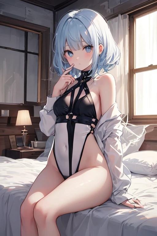 ((top quality, 8k, masterpiece: 1.3, ultra hd, high quality, best quality, high definition, realism)), sharp focus: 1.5, close viewing distance, Beautiful girl with thin and skinny body, small breast, Light blue hair, ocean eye color with light gradations, Small breasts, Tight black bikini, Erotic pose on chair with both legs wide open showing her pubic, Armpit, The pubic shape is clearly visible, Both legs opened wide showing her pubic.