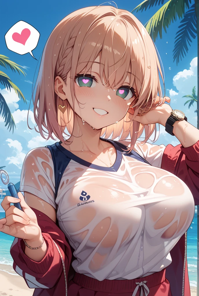 roon \(azur_lane\), \(azur_lane\), 1girl, masterpiece, best quality, highres, huge breasts, covered nipples, erect nipples, looking at viewer, blush, smile, cleavage, bare shoulder, collar bone, see-through_bikini, black bikini, see-through_shirt, white open shirt, black choker, cleavage, eyewear on head, sunglasses, denim shorts, skinny, posing, beach on a sunny day, blue clear ocean, clouds, backlighting