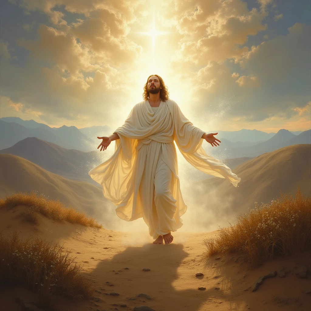 JESUS holding someone's hand. Make a high god with lots of light around, e estrelas.
