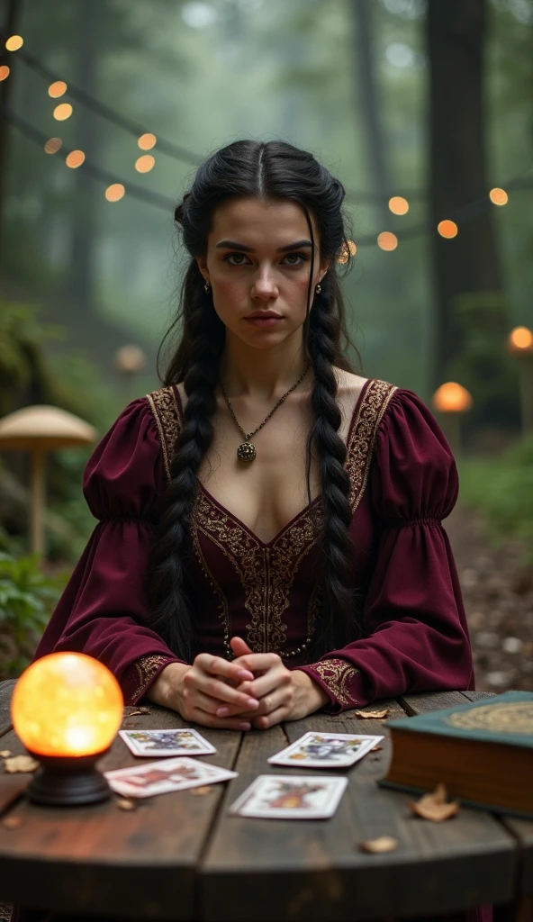 masterpiece, reality, 4k, (medium full shot) of (mystical fortune teller) young woman, italian, tan skin, hazel eyes, busty build, short brown bob hair, wearing a embroidered shawl , rich burgundy satin gown with mystical designs, suede slippers with ethnic designs, red lipstick, tarot cards, crescent moon earrings, set in a serene forest, with a quiet clearing, magical lighting, enchanting flora, a mystical fortune tellerâs setup, at night, woman smiling