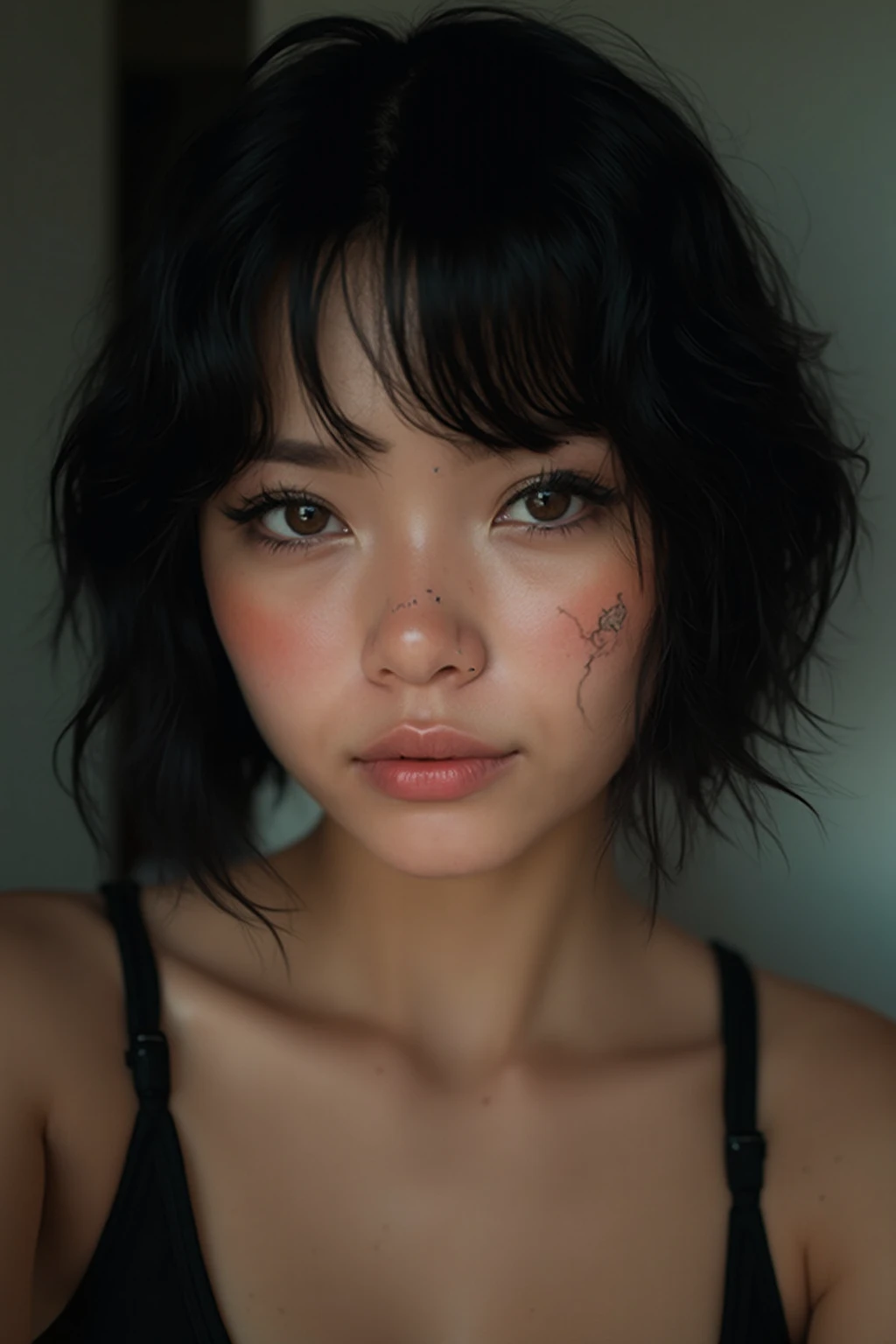 Generate a selfie of a girl with brown eyes and a dark bob with a piercing in her nose and a tattoo on her arm taken with a low-quality phone camera