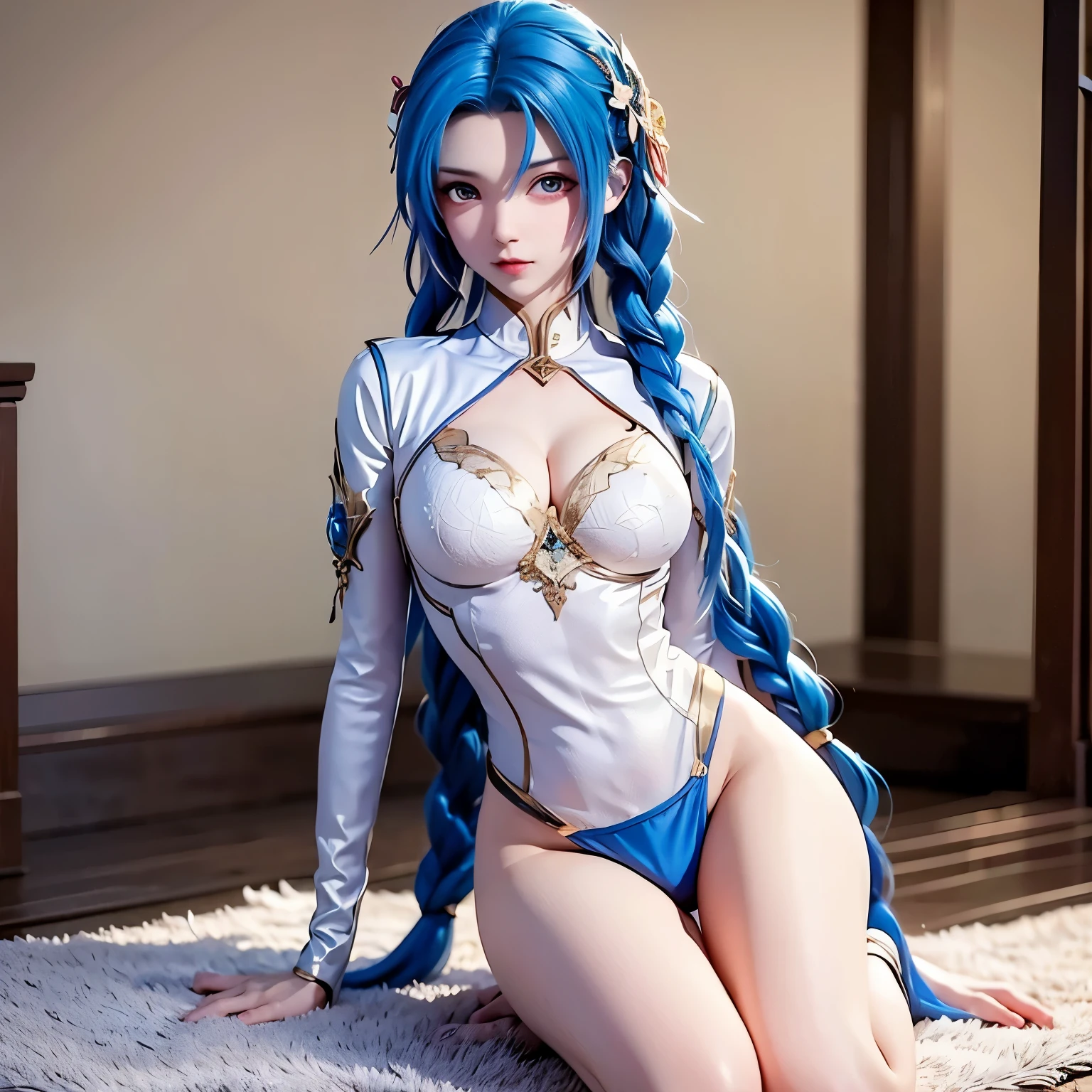 Mature Woman, maid,(Sakurai Sawa),\(Plom2\), blue hair, Braid hair ,Side hair,  Red-eye,tsurime,(blue hair:1.4), [(hair gradient from blue to pink:1.4):0.9], (blue hair:0.6),I gathered,brown skin:1.3,Oily skin,shiny skin, dark blue lace panties, Remove nude scene , Teasing,  baby,Pink bedroom interior, high profile, best quality