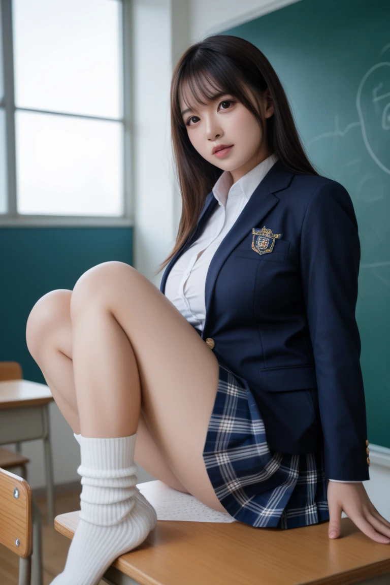 top-quality、hight resolution、ultra-detailliert、masterpiece、Raw photography、realisitic、Photorealsitic、extremely delicate and beautiful、finely detail、Textured skin、1girl in、Solo、Alone、18 year old beautiful schoolgirl in Japan、in a high school uniform、Classroom、(Body facing the camera:1.it on a school chair with your legs open to the side:1.2)、(Sg white panties:1. blue jacket and plaid skirt、white shirt、neck tie、Black loafers、(ultra beautiful faces:1.5)、tall、Brown hair、(Bare legs:1.1)、perfectly proportions、(Do not expose your upper body)、(At SFW)