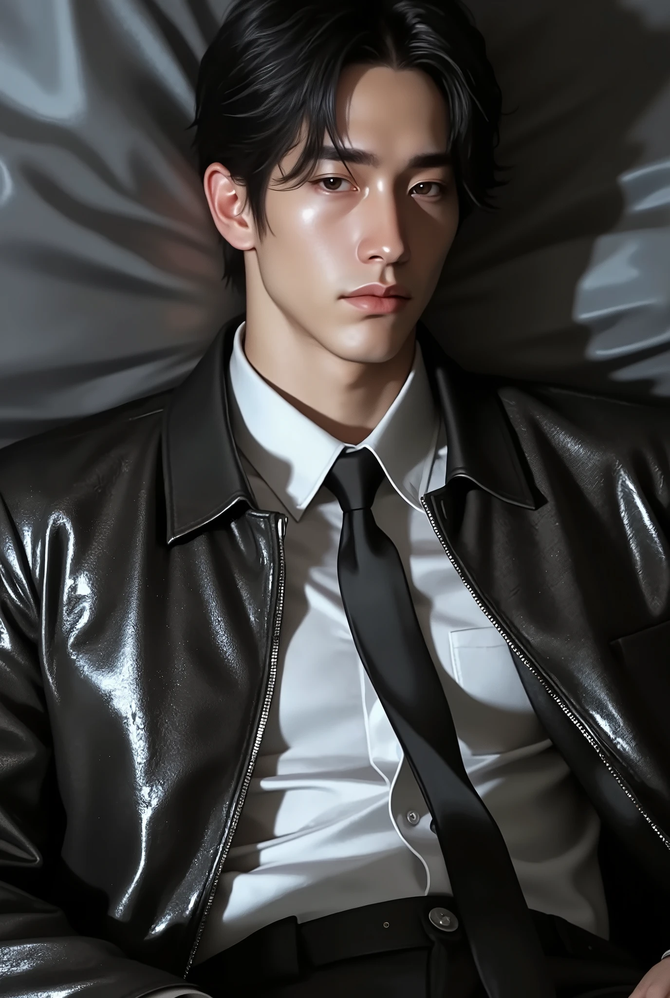 First person point of view, A handsome young man with short brunette hair, hazel eyes, On the bed, Sit-up position, wearing: The upper part of the outfit consists of a sharp mix of rugged and refined elements: a royale silver suede wrinkled zip-up jacket layered over a classic white dress shirt slightly open and a loose black tie. The contrast between the rugged texture of the jacket and the formality of the shirt-and-tie combo gives it a bold, fashion-forward edge with a touch of street-smart sophistication (masterpiece:1.2), (best quality:1.2), (very aesthetic:1.2), (absurdres:1.2), (detailed clothes:1.2), (detailed eyes:1.2), (EyesHD:1.2), newest, intricate details, dark lighting, dramatic atmosphere, slightly high angle, chiseled chest.