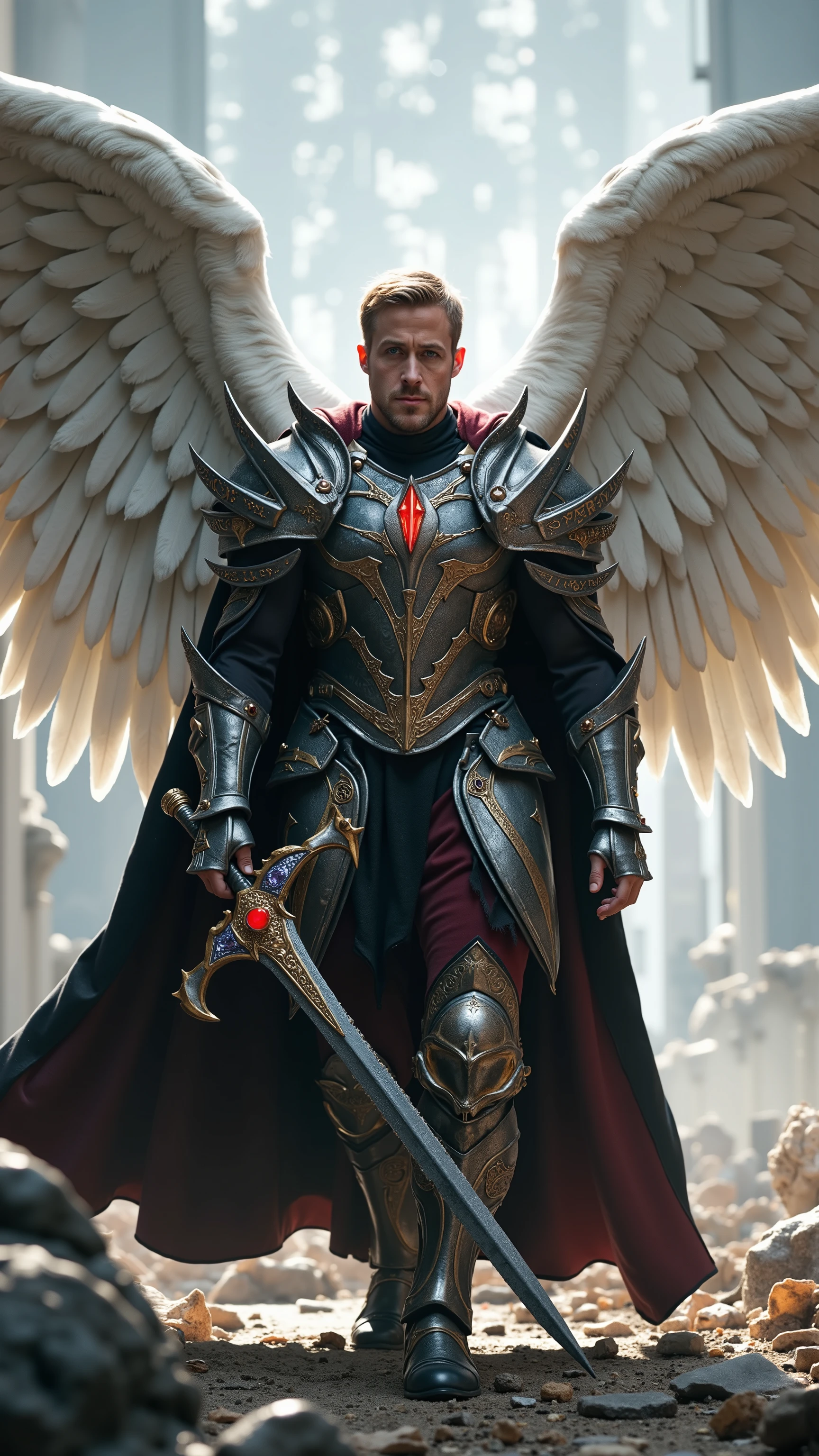 Ryan Gosling reimagined as a majestic angel Samael walking and holding a dark longsword with huge white angel wings with detailed feathers, 1 male, athletic body, tall height, short golden blond hair, fair skin with a faint bronze glow, strong jawline, intense steel-blue eyes, dressed in breathtaking, ornate full-body angelic armor crafted from deep silver and blackened gold, every plate intricately engraved with dark celestial symbols and ancient battle marks, the armor inlaid with crimson rubies and onyx stones, massive angular pauldrons resembling shadowed wings, gauntlets and greaves covered with sharp, flame-like carvings, an imposing flowing cape of heavy black velvet lined with red silk, attached with dark gemstone clasps, a wide blackened belt adorned with ancient sigils cinching his waist, the entire armor subtly glowing with a dark, restrained celestial energy, in his hands he holds a massive dark longsword with a shadow-forged silver blade etched with glowing crimson runes, a black and red leather-wrapped hilt, the crossguard shaped like jagged wings, and a dark ruby embedded in the pommel, the sword emanates a faint ominous glow, shows his male character’s full figure, athletic body, perfect face, full body, extremely beautiful, god, male shape, perfect anatomy, the background showcases a dramatic heavenly battlefield with shattered marble columns, swirling dark clouds pierced by beams of pure white light, vast floating stone platforms and broken golden statues under a bright but stark blue sky, photorealistic, masterpiece, realistic, high contrast, 8k, HD, high definition detailed, detailed, hyper detailed, realistic skin texture, best quality, ultra high resolution, hyper realistic, no text, very detailed eyes