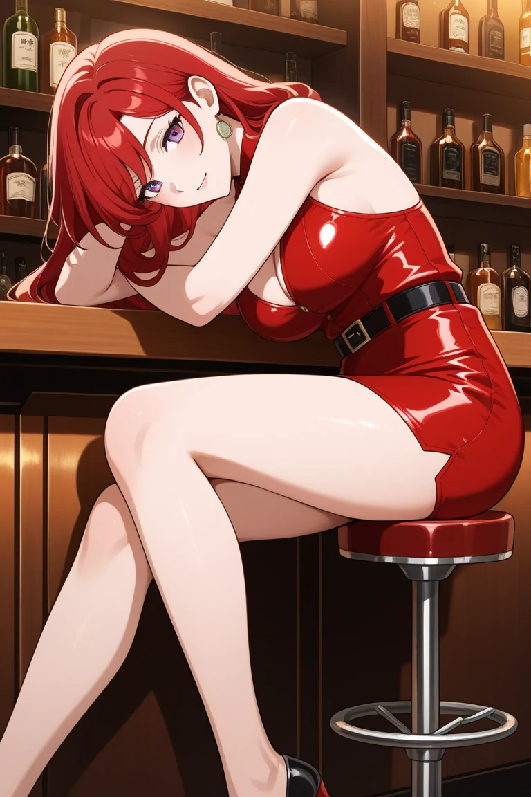 nishikino maki, tight, huge breasts, Blushing, (strapless leotard:1.2), curvy body , sitting , (spread legs:1.2), (legs up:1.2), crowded bar, smile, against table, sweating, sweat drops, legs holding,ass visible,high heels,(cum on body:1.2)