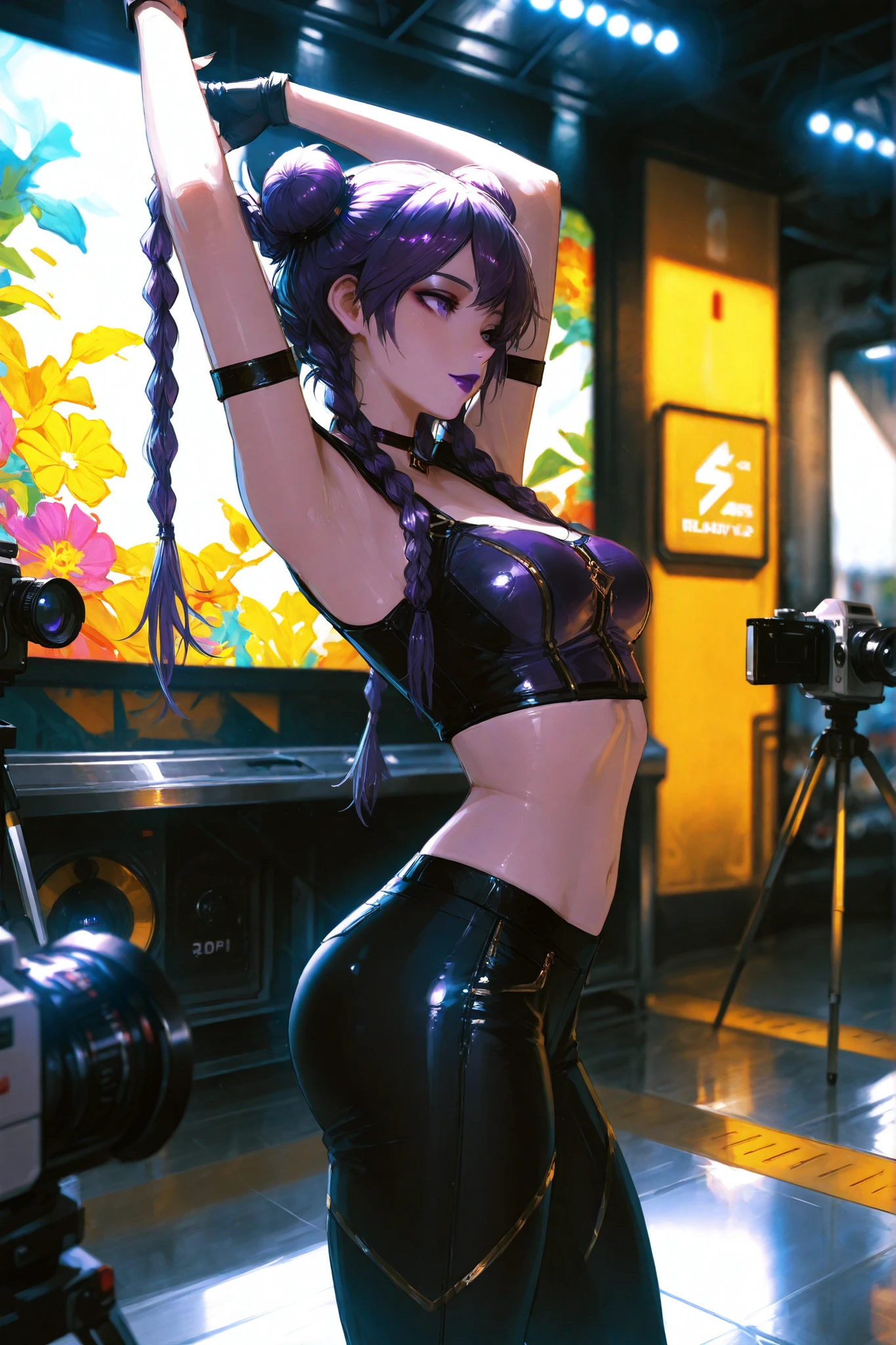 (masutepiece: 1.3), (max resolution: 1.2), (Ultra HDTV: 1.2), cinema lite, Ultra HDTV, (Detailed eyes and skin), (detailed facial features), 8K resolution, Sharp Focus: 1.2, Perfect Style, Beautiful Face, accurate, Anatomically correct, Highly detailed face and skin texture, Detailed eyes, Dark-blue eyes, Double eyelids, Thin eyebrows, (dropped eyes:0.65), (Glitter Eyeliner:1.2), Natural cheeks, Glossy skin, (Fair skin:1.2), shiny necklace and earrings, (Glossy lips: 1.4), BREAK, absurderes, One-person viewpoint, (They are Very Cute female bar hostess), (((While Wearing a String micro bikini of White:1.6))), BREAK, (wear a blazer:1.3), BREAK, ((pleated super mini skirt of Red:1.4)), ((showing a little string pantie bikini:1.2)), (high heels), BREAK, (shy smile:1.2), ((18 years old, Very Cute and neat girl:1.3)), (high-ponytail hairstyle, Wavy Hair), (((Darkslateblue hair:1.4))),, Medium Long Hair, BREAK. (Cowboy shot: 1.2), ((Focus on ass:1.2)), medium large breasts, (looking back at viewer:1.2), (from behind), (( inside the bar counter)), ((In the super erotic Bar:1.6)), BREAK, ((((Purple neon lights:1.3))), (((Red lights:1.2))), (((Blue lights:1.2))), (((dimly lit store, black lights))),