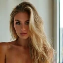 A 23-year-old blonde woman, ((pechos grandes)), ((hiperrealismo)). Blonde hair with light brown roots. Cabello rubio, cabello extra largo, cabello muy largo, really long hair, styled in loose waves cascading down her back. Photo taken with an iPhone, show entire body, whole body in frame, showcasing her curves. Cleavage subtly visible, naked body