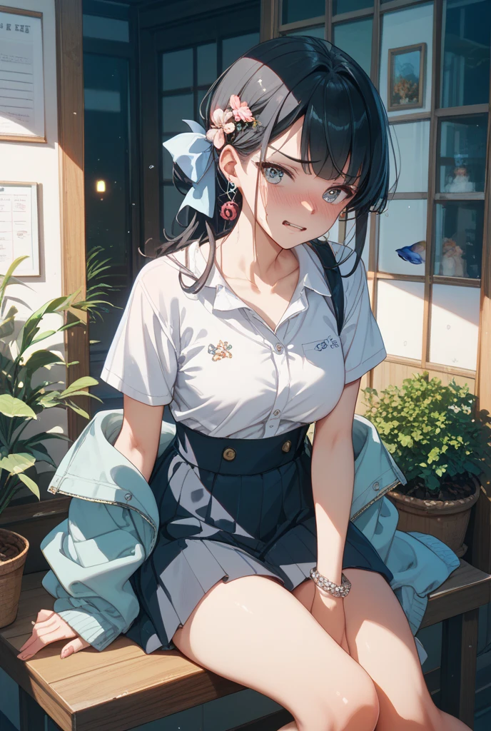 (child),highest quality,Beautiful face in every detail,cute,Dark brown eyes,(背の低いcute女の子,Small young student,Young delicate girl),(masterpiece,Top quality),Black Hair,Sleepy expression,Short sleeve,Plaid white skirt