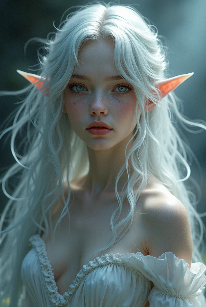 (best quality,highres,masterpiece:1.2),ultra-detailed,realistic,enchanted magical forest,towering ancient trees,gently falling silver snow,portraits,landscape,vivid colors,warm color tones,soft ethereal lighting,lens flare,eerie atmosphere,detailed foliage,twinkling fairy lights,dream-like ambiance,sparkles and glimmers,mystical aura