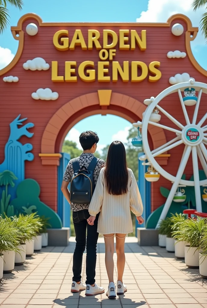 there are two people standing on a colorful slide at a park, scenary, happy couple, in volcano, amusement park, couple, colourfull, wonderful masterpiece, with her long, theme park, colourful, colorfull, lovely couple, 1km tall, coban, colorful picture, colour, autumn season, vacation photo, full protrait, in background, backdrop