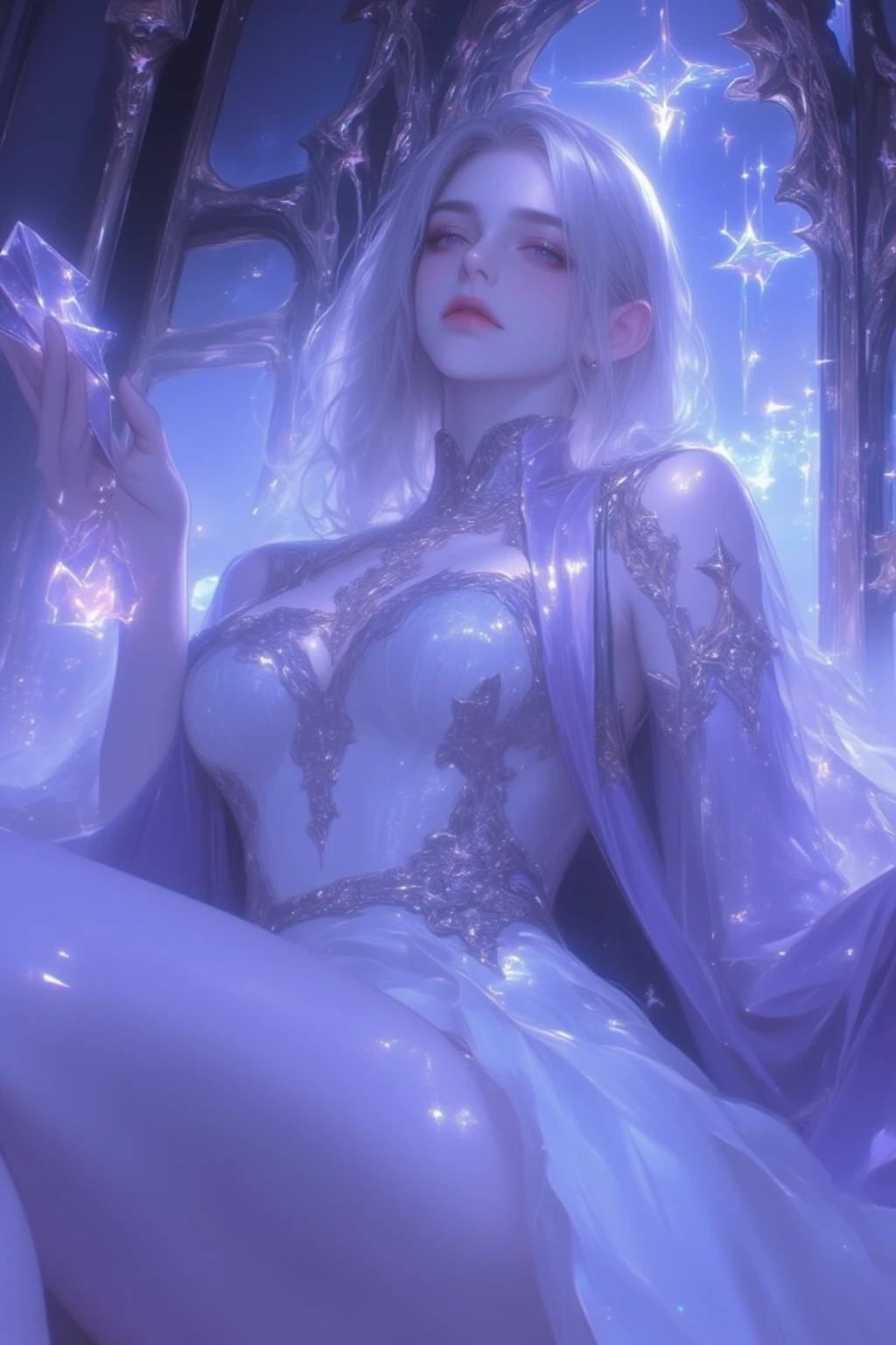 1girl, highly detailed character, long white hair, beautiful blue eyes, delicate facial features, (best quality,4k,8k,highres,masterpiece:1.2),ultra-detailed,(realistic,photorealistic,photo-realistic:1.37),mage, magical girl, fantasy, final fantasy 14, elegant robe, flowing dress, glowing staff, dramatic lighting, atmospheric,vibrant colors,cinematic composition