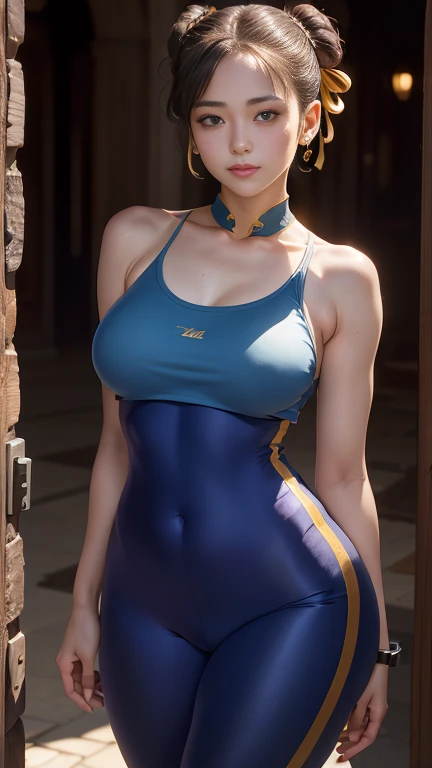 (Masterpiece, Best quality:1.4), (standing:1.5), Laura Marano, Solo, Shunfa Spring, blue tanktop, unitard, Blue pants, tight turtleneck suit, yellow ribbon, Short hair, Sneakers, Bare shoulders, (chun li hairstyle), view the viewer, belo sorriso, Beautiful face, Highly detailed face, highly details eye, (wide hips),(big breasts),(athletic and fit body), full face blush, Detailed background, Depth of field, voluminetric lighting, Sharp focus, absurderes, Realistic proportions, (Realistic, Hyperrealistic:1.4), 16K HD