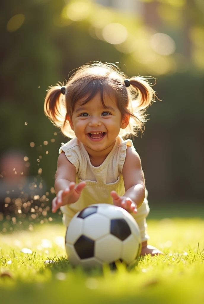 {
"prompt": "A young child, around , with bright eyes and a wide smile, wearing a new soccer outfit. The child is in a living room, excitedly holding up a brand new soccer ball and a jersey with their favorite team’s colors. The environment is filled with joy, with warm natural light streaming through the windows, highlighting the child’s happiness. There are gift wrappers on the floor, and the overall atmosphere is full of excitement and celebration.",
"size": "1024x1024"
}