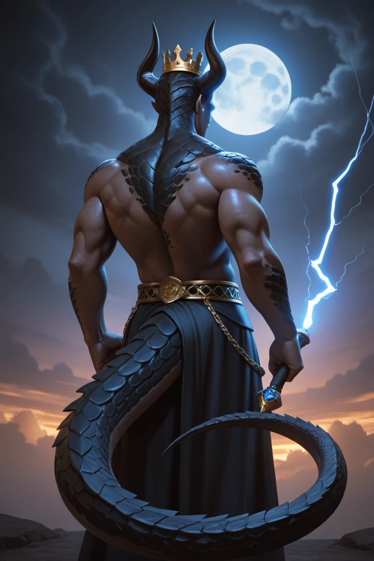 "A full-body portrait of Serpenth, a character with the upper body of a tall, muscular man and the lower body of a powerful serpent. He has silvery skin with a faint glow, white hair that flows down his back, and deep violet eyes flecked with silver. His serpent tail is covered in iridescent scales that shift from silver to deep indigo. Serpenth wears a dark, sleeveless tunic embroidered with silver constellations, leather bracers inscribed with ancient runes, and a crescent moon pendant around his neck. He holds a moonstone staff surrounded by a faint aura of lunar magic. The background features a mystical forest bathed in the light of twin moons."