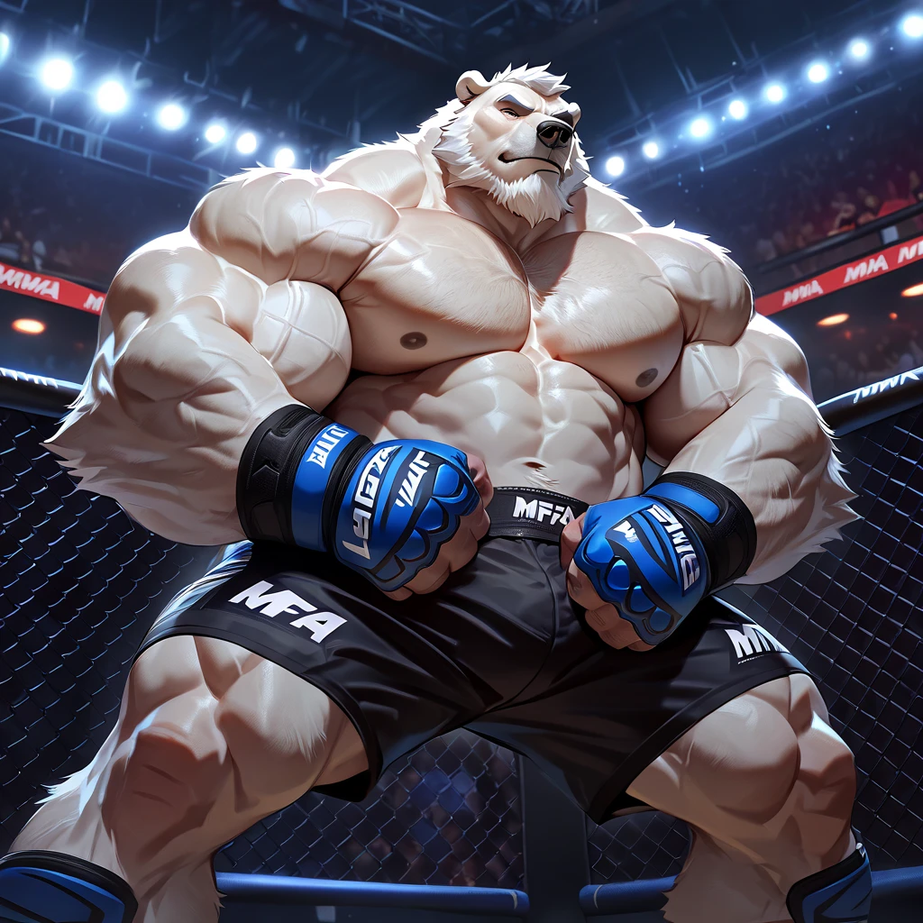 Solo,  1boy,   Grizzly Bear，personification，Mature male，Hercules，Short White hair，naked，Gentle expression，Blue pupils，gray eyebrows，Scars on face and chest，Shirtless,   topless，Huge Muscular,    Body-built,    MMA Shorts,  Thick Arms,   Rippling Muscle Arms,   Hands on MMA fingerless Gloves， Bruises and Bloodmarks,     The Age of Blood， Boxing Ring,   Gym Fitness Center。