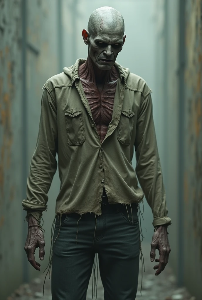 "Tall and skeletal man, Wearing tattered clothes, with shining eyes and a sinister smile, in a dark and foggy environment."