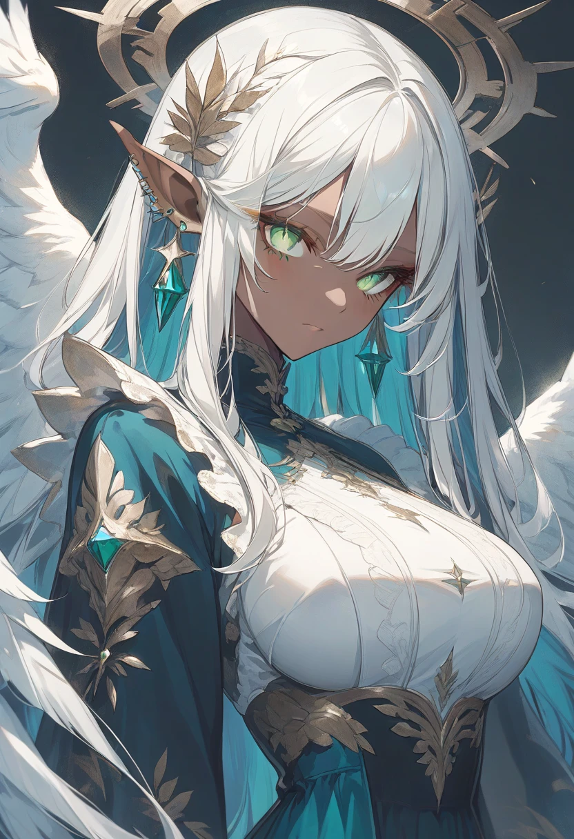 ((masterpiece, best quality)), official art, unity 8k wallpaper, ultra detailed, Rusticcore, contest winner, pixiv, Disgusting a white haired elf woman with wings and jewels on her head and chest, wearing a white dress with silver wings and a silver collar, (Charlie Bowater:0.158) , (Yoshitaka Amano:0.073) , (a character portrait:0.265) , (whiteglovefantasy art:0.457) and Light particle, extremely beautiful, Analytical Art, 8K, best quality, DayGlo orange dust particles, dslr, anaglyph effect, BREAK, highly detailed of (elf), (1girl), solo, perfect face, details eye, ponytail, Blunt bangs, (hair between eye), blue eyes, fantasy art by Artgerm, by Kawacy, by Wadim kashin, BREAK, eyelashes, eyeshadow, pink eyeshadow, light smile, medium breast, BREAK, extremely detailed, dynamic angle, ((crown with jewels))