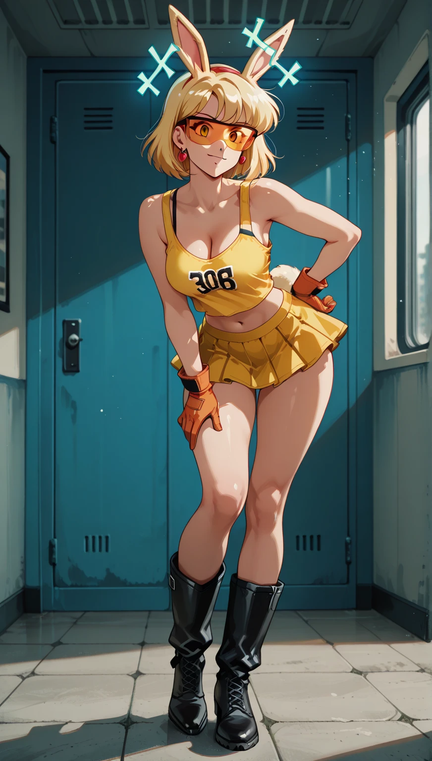 Full body, realistic, (1 beautiful woman, solo: 1.1), big breasts, yellow hair, yellow crop top, yellow skirt, yellow gloves, yellow high heel boots