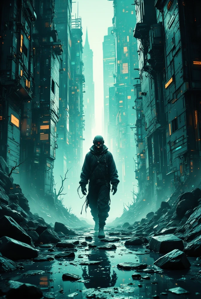 (masterpiece) highly detailed RAW, a post-apocalyptic man, cyberpunk city themed rainbow vivid, hassanfantasy style, by Jeremy Mann and Donato Giancola ultra realistic highly detailed intricate photorealistic