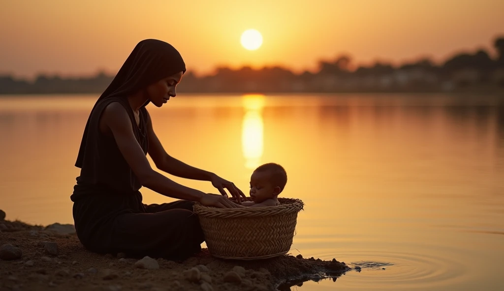 A scene where the mother (( a one woman)) sad puts the baby in a basket in the Nile River.