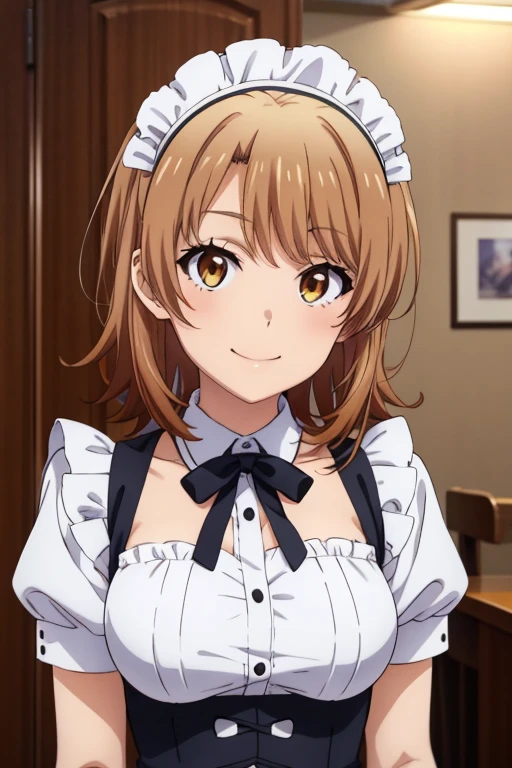 irohaisshiki, iroha isshiki, long hair, brown hair, (brown eyes:1.5), Smile, smile, open your mouth,ponytail,blush,smile,Maid clothes,bare chest,Medium chest,she was wearing a long skirt, black pantyhose, sitting cross-legged on a chair,So that the whole body goes into the illustration,
break indoors, coffee shop,
break looking at viewer,
break (masterpiece:1.2), highest quality, High resolution, unity 8k wallpaper, (shape:0.8), (fine and beautiful eyes:1.6), highly detailed face, perfect lighting, Very detailed CG, (perfect hands, perfect anatomy),