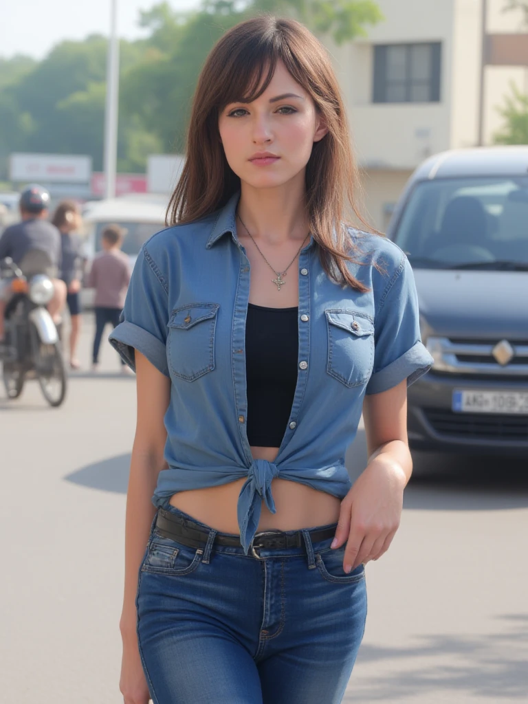 Extreme Beautiful woman from austria, realistic eyes, hyperrealistic face, slim face, long brown hair, 27 years old, model posing, special camera angle, sexy belly shirt, middle breast, hotpants, outside