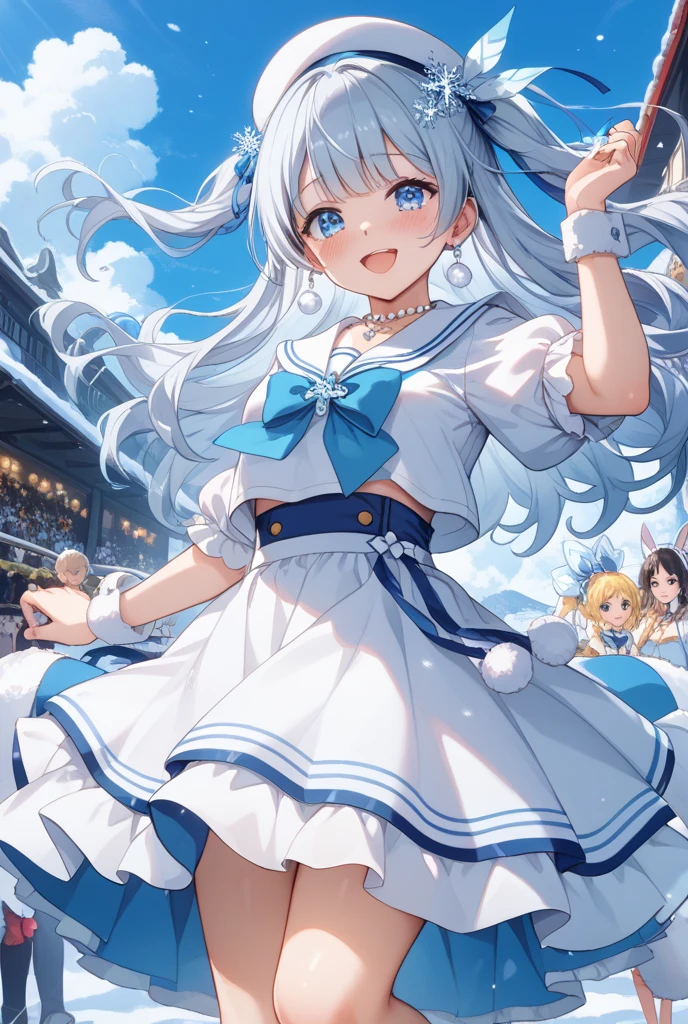 1 girl, cute, young, white hair, twintail, blue eyes, idol costume, thigh high, rain boots,