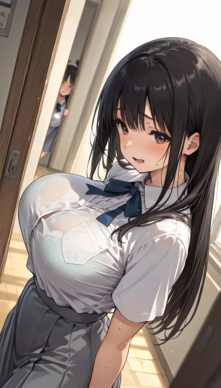 1个Giant Girl,Standing in the doorway,White color blouse,Superskirt,Disgusted expressions, (Emotionless face), super detailing, high qulity, best qualtiy, A high resolution,,Blush, (in a bedroom),Be red in the face,perspire,nase,